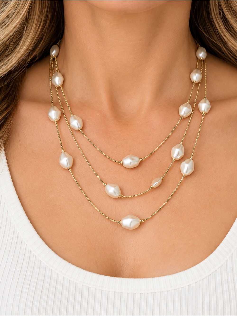 *NWT* Gold-Tone Faux Pearl Multi-Row Necklace, 20” + 2” Extender